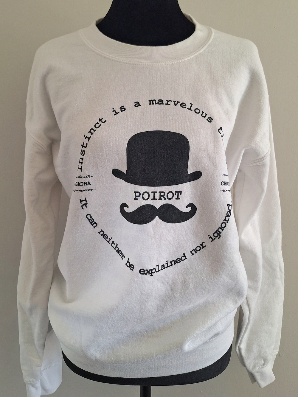Black Poirot Graphic White Crew Neck Sweatshirt - Agatha Christie Inspired Merch